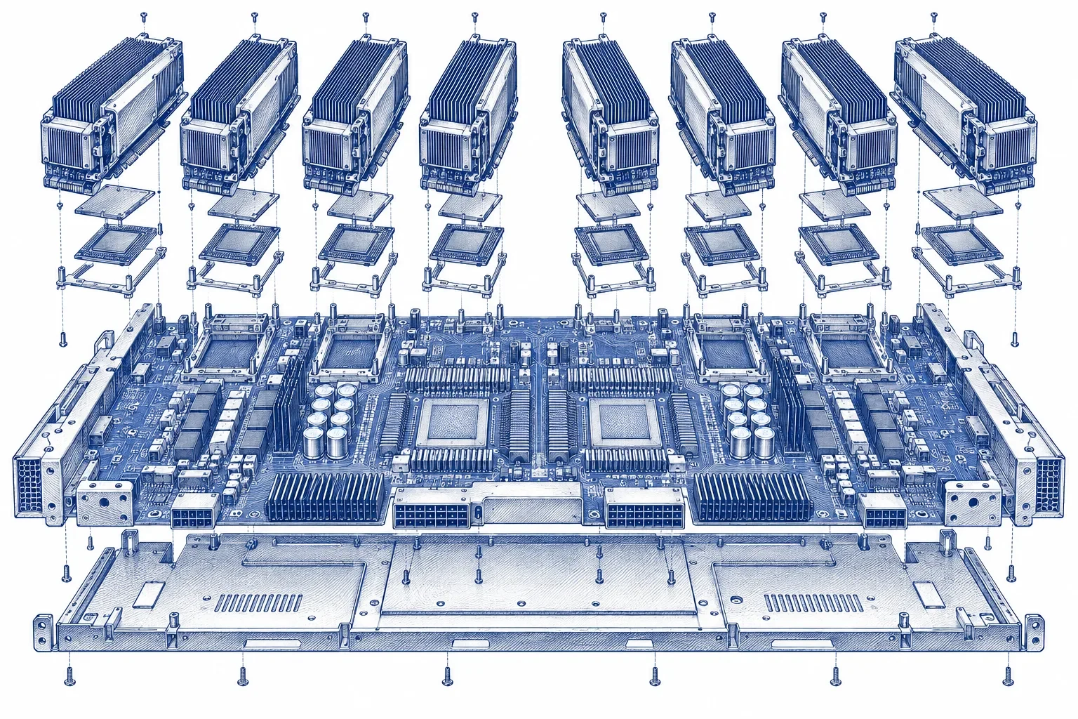 Engraving of an exploded view of an eight-GPU server baseboard: eight accelerator modules with heat sinks, switch chips and power delivery