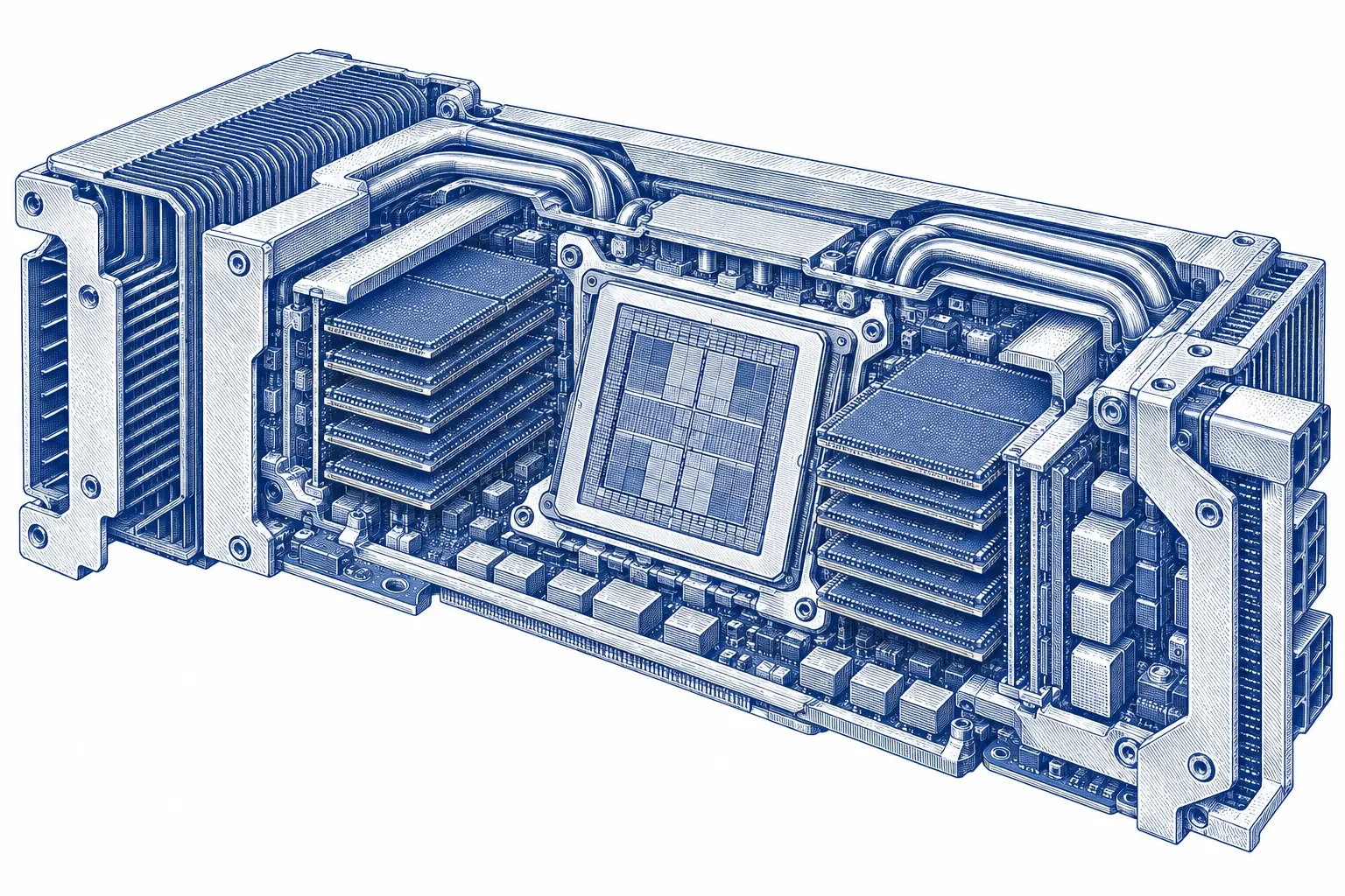 Engraving of an engineering cutaway of an accelerator module with its stacked memory exposed beside the chip die