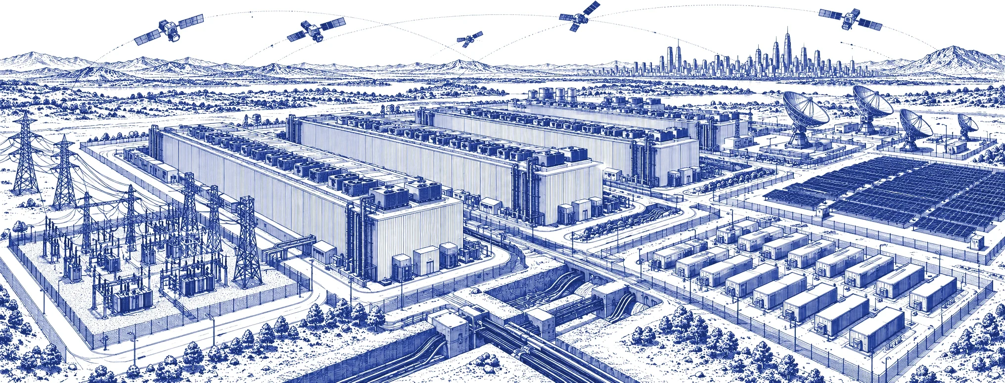 Engraving of a data centre campus with a substation, battery containers, a solar array and satellite dishes, a city skyline and satellites beyond