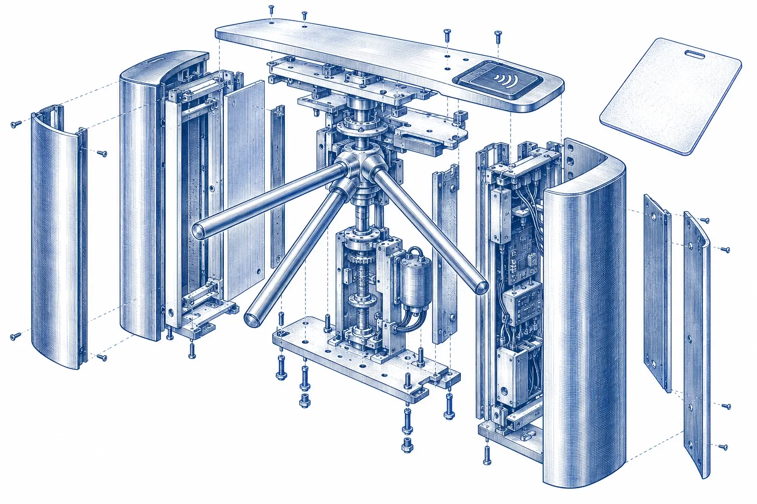 Exploded engraving of a badge-reader turnstile and a blank ID card