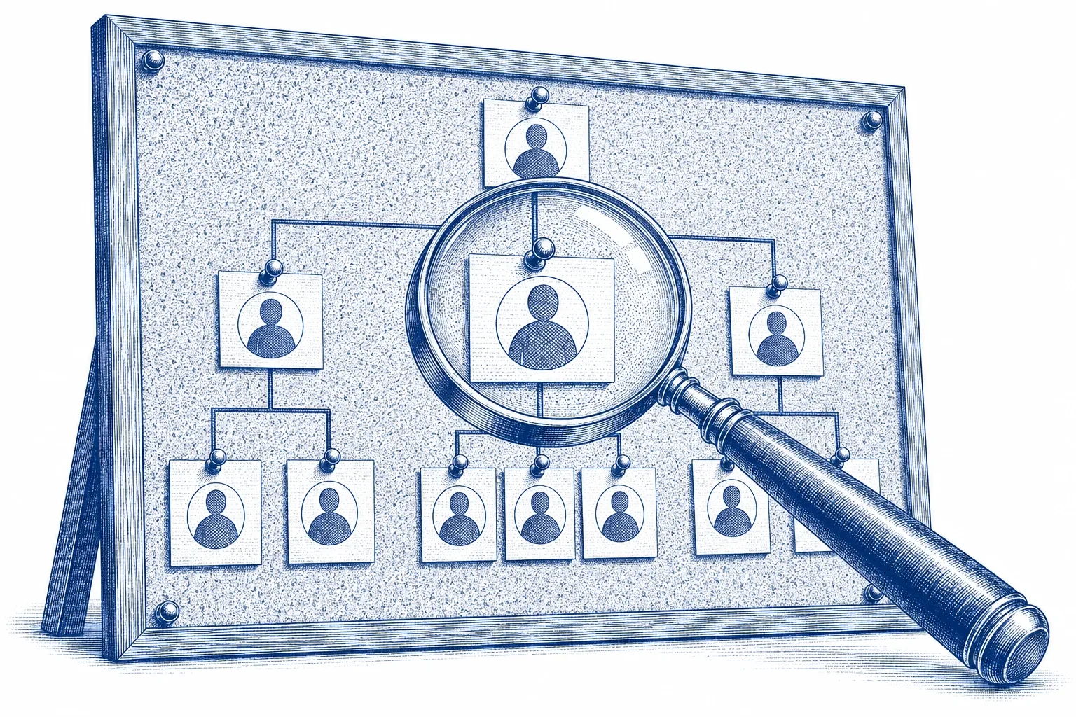 Engraving of a magnifying glass over an organisation chart of connected nodes