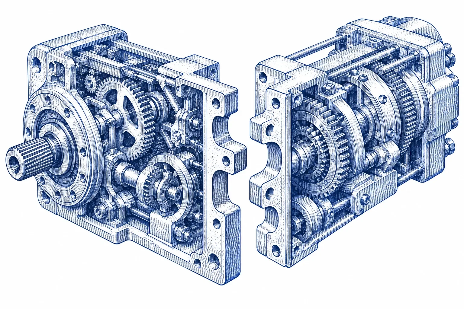 Engraving of two exposed mechanical modules fitting together
