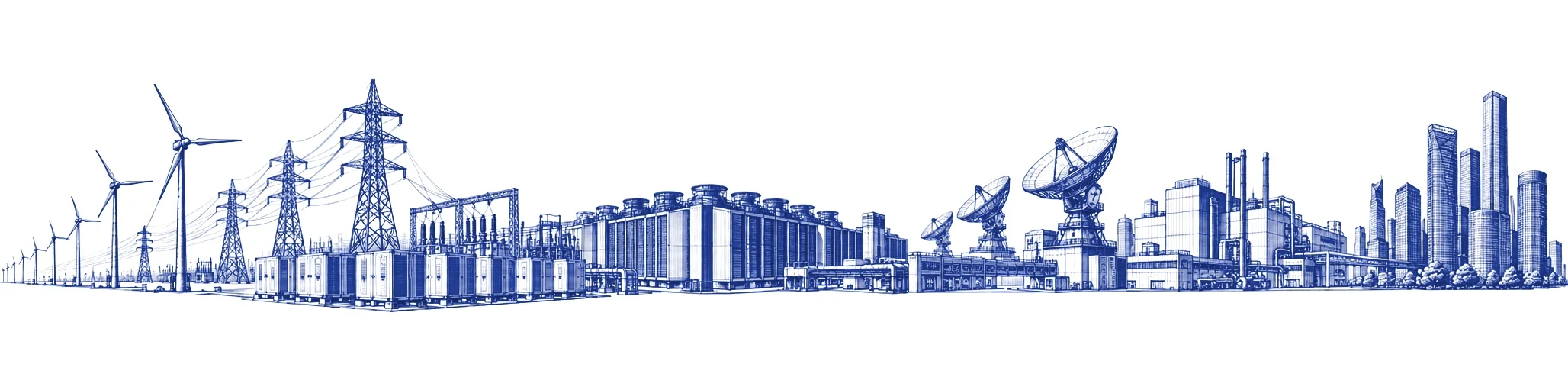 Engraving of wind turbines, transmission towers, battery containers, a data centre, satellite dishes, a factory and city towers along one horizon