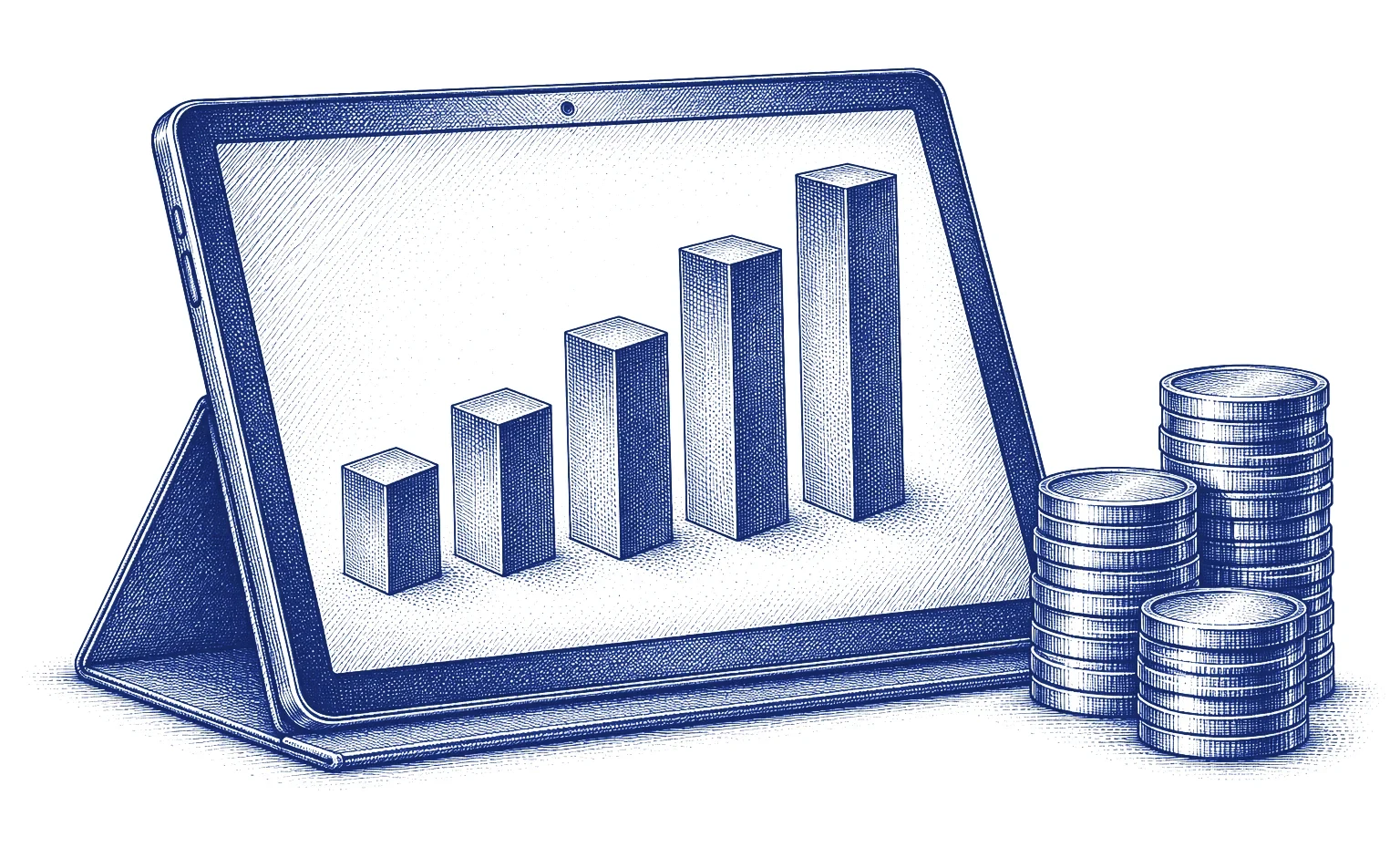 Engraving of a tablet showing rising price columns beside stacks of coins