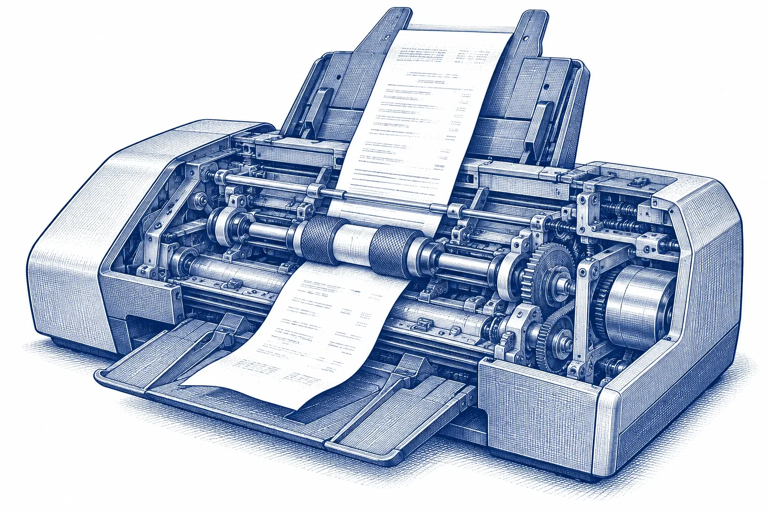 Engraving of a desktop document scanner feeding a paper receipt through its rollers