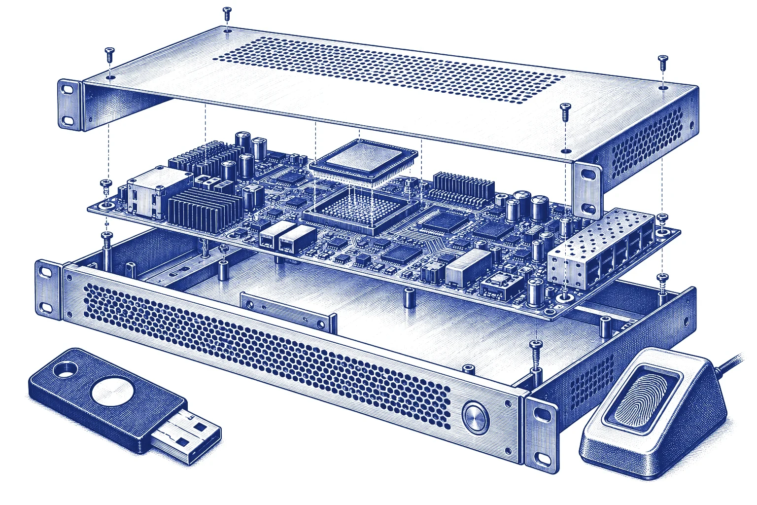 Exploded engraving of a security appliance with a hardware key and a fingerprint reader