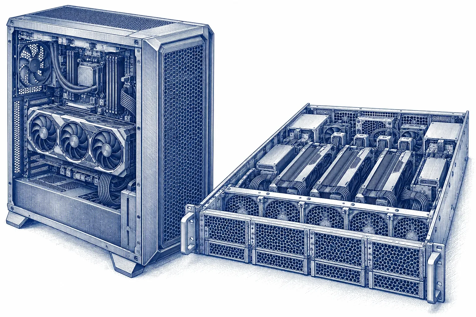 Engraving of a tower GPU workstation standing beside a rack-mounted GPU cluster node