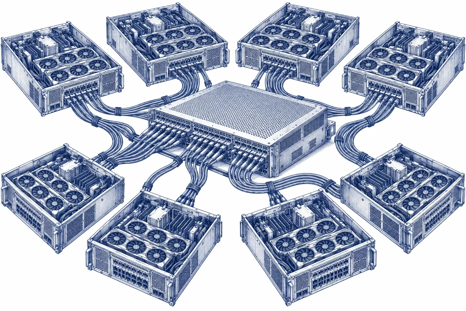 Engraving of GPU server nodes connected through a high-speed switch fabric