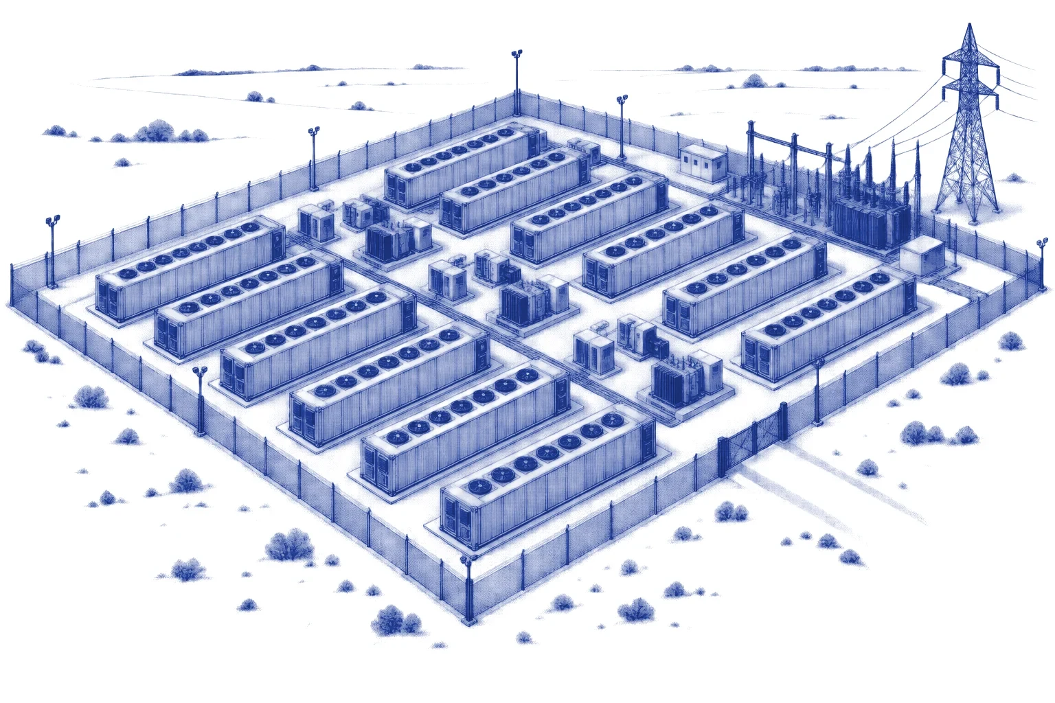 Engraving of a grid battery storage site with rows of containers and a substation
