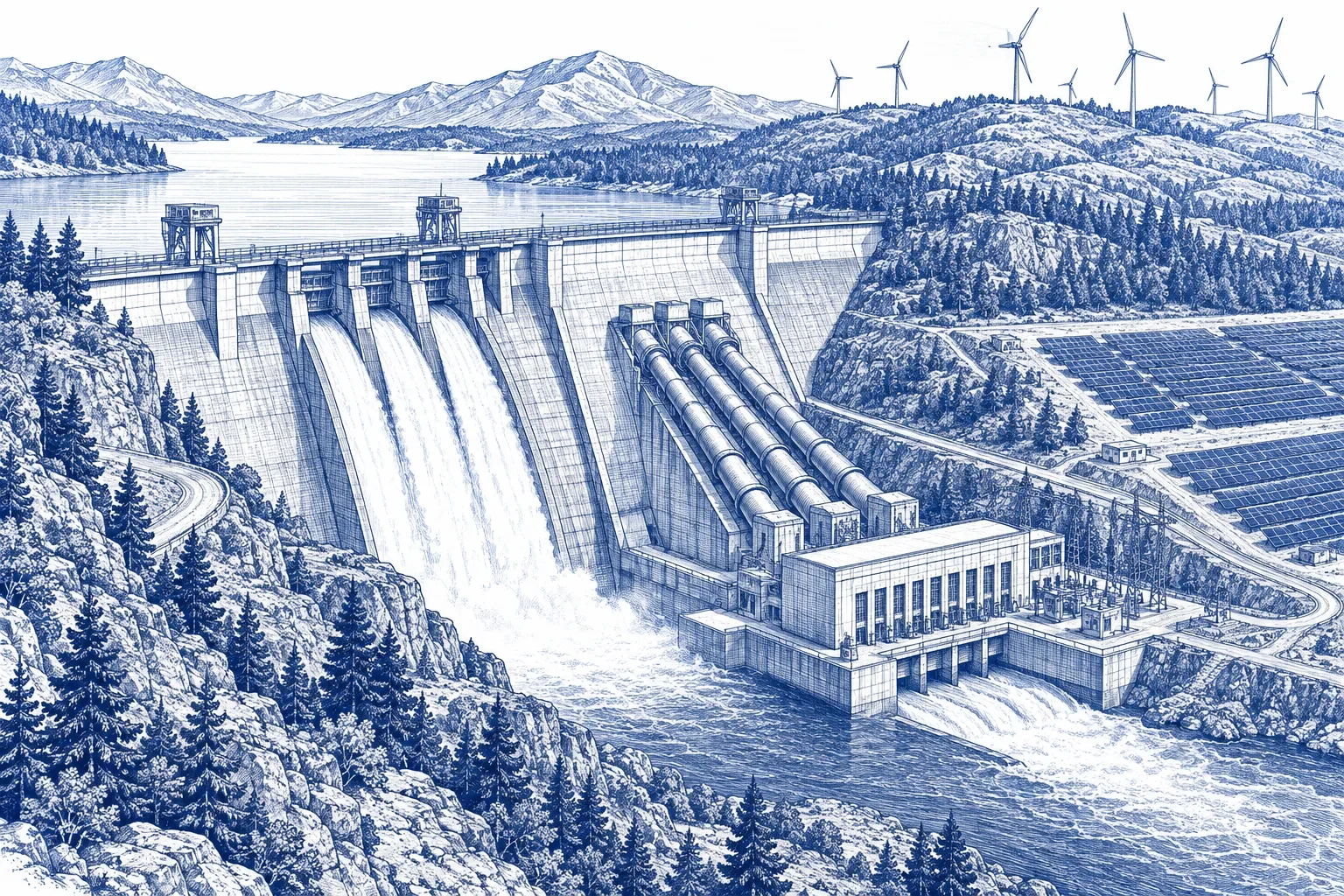 Engraving of a concrete hydroelectric dam with its spillway and penstocks running down to a power station, with wind turbines on the far hills and a solar array on the valley floor