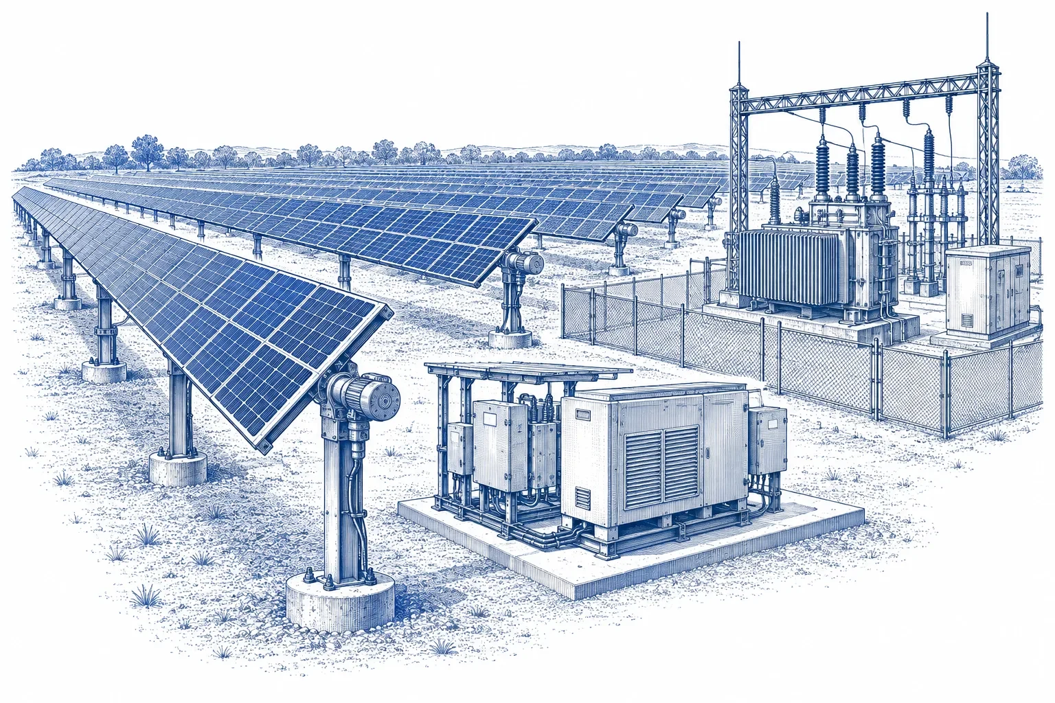 Engraving of an utility-scale solar farm with rows of single-axis tracking panels, an inverter skid and a substation