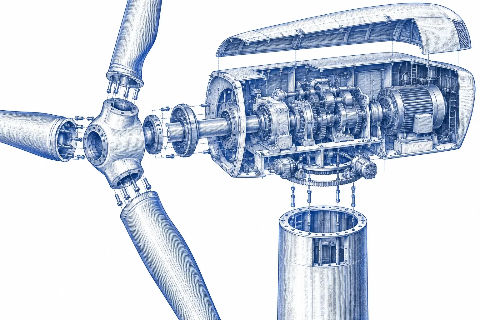 Engraving of an exploded view of a modern three-blade wind turbine: the nacelle opened to show gearbox, generator, main shaft and yaw drive, the hub and blade roots separated, the top of the tubular tower below