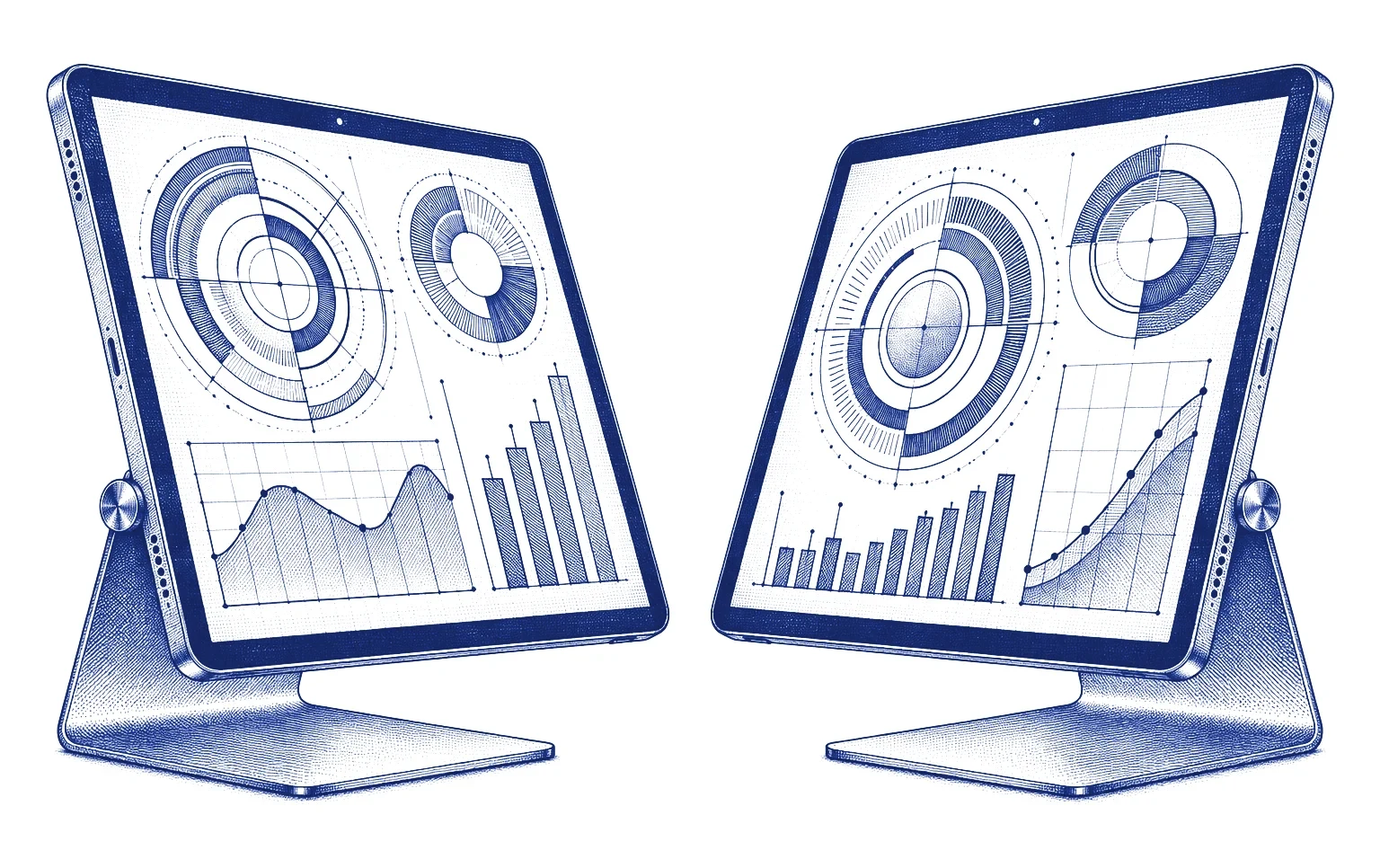 Engraving of two monitors facing each other, each showing charts