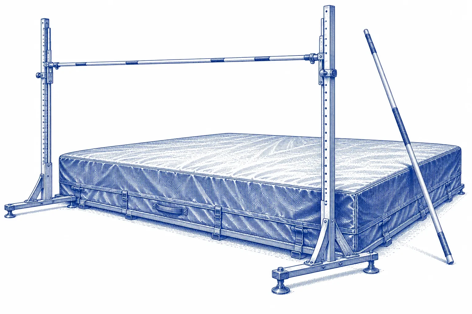 Engraving of a high-jump bar on engineered stands beside a landing mat