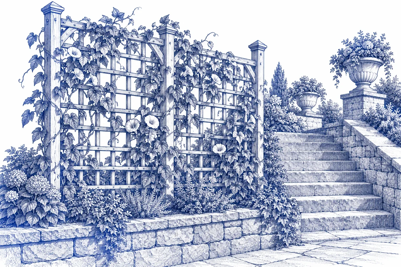 Engraving of a garden trellis with climbing vines beside stone steps