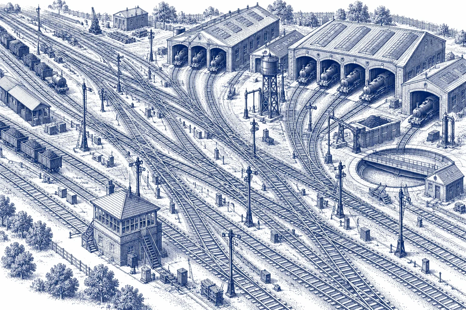 Engraving of a railway switching yard from above, with points, signals and tracks branching to engine sheds