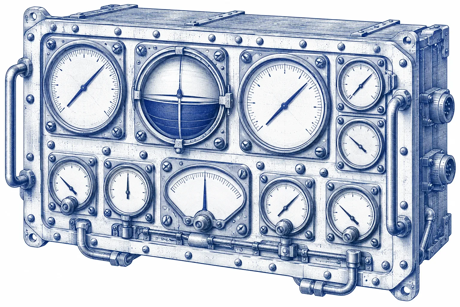 Engraving of an instrument panel with precision gauges and blank dials