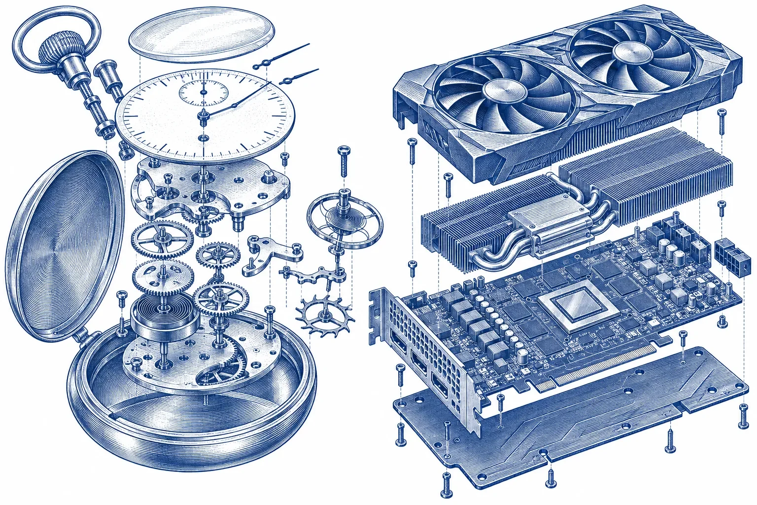 Exploded engraving of a stopwatch and a graphics card