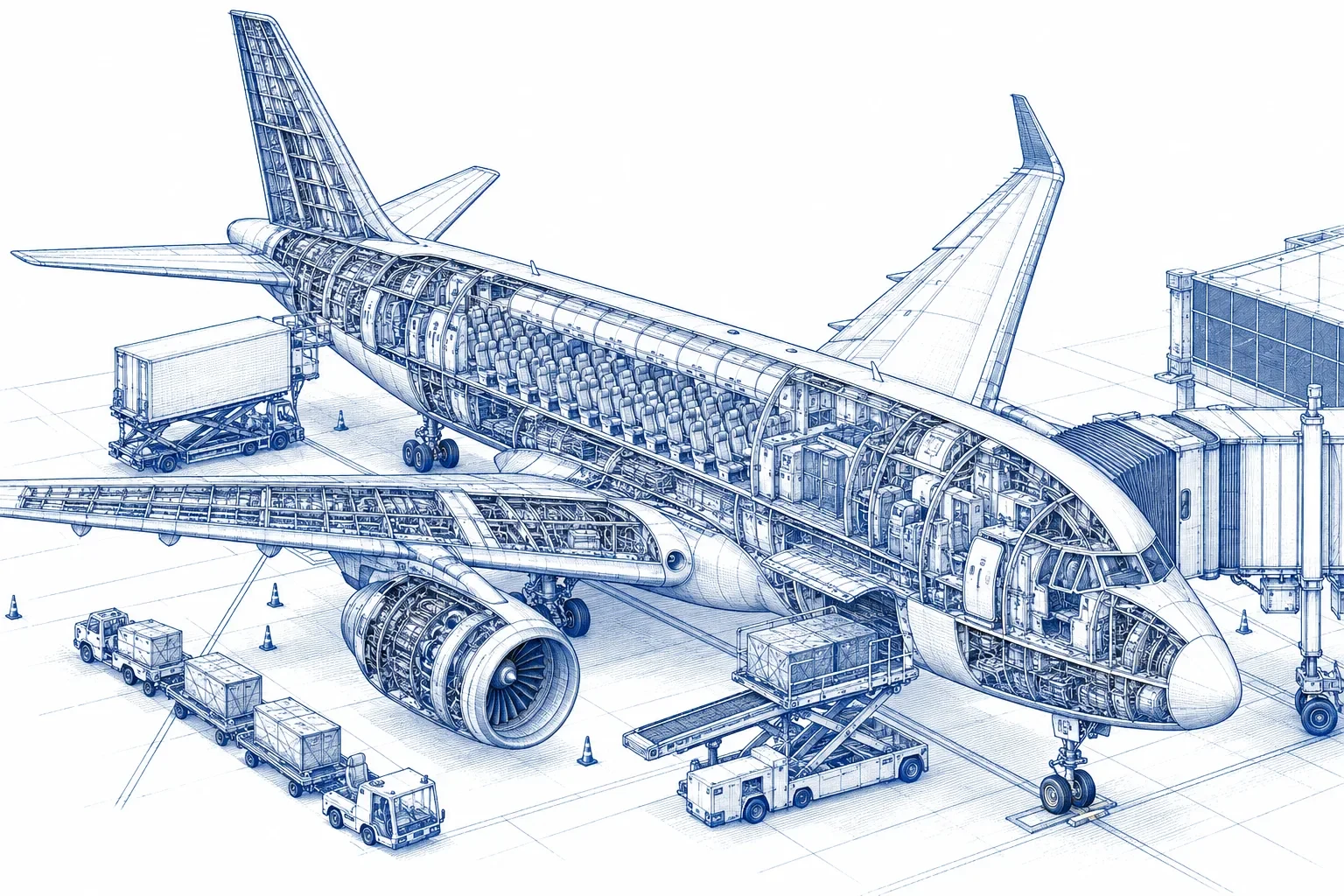Cutaway engraving of a jet airliner parked at a terminal jet bridge