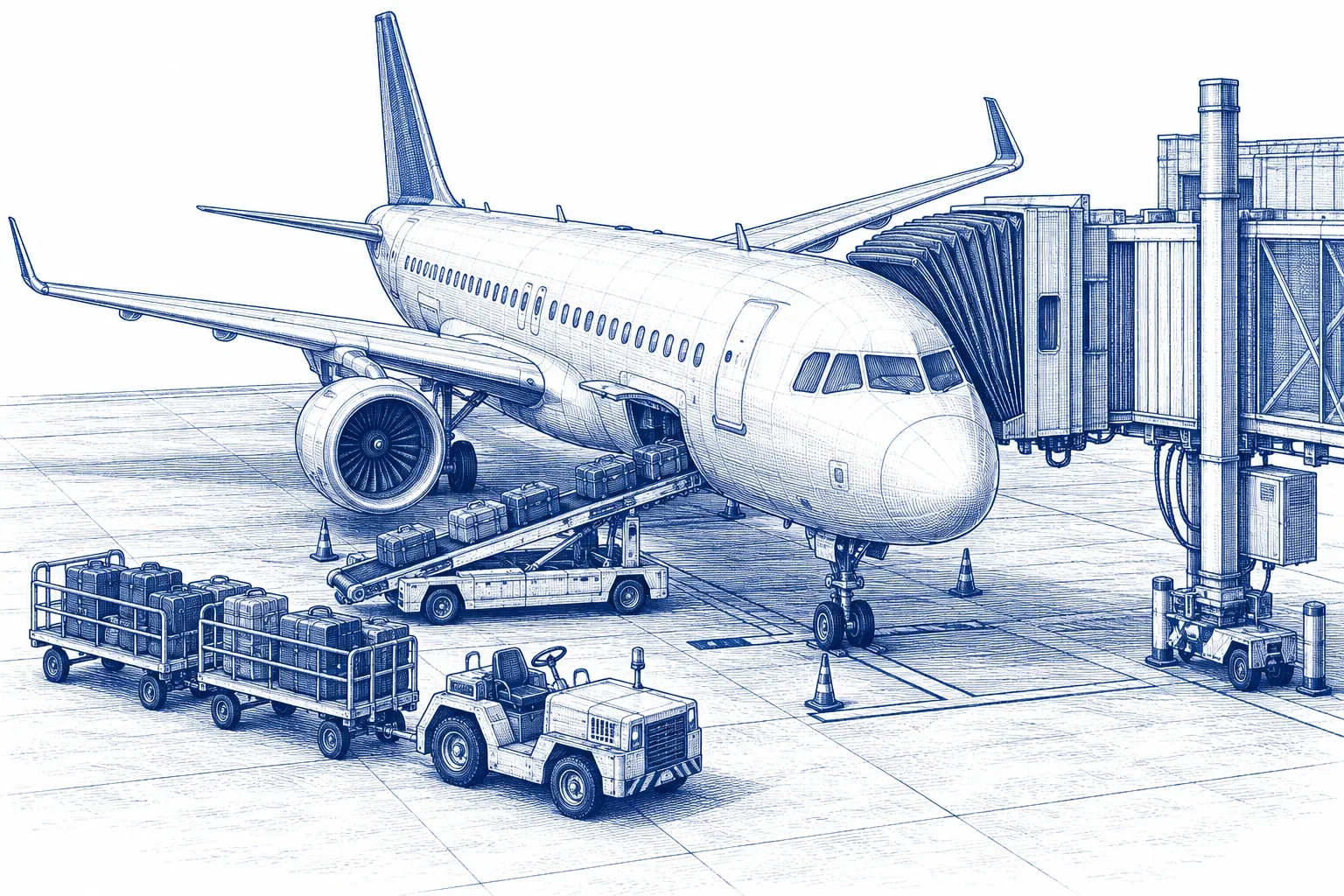 Engraving of a jet airliner at an airport gate with a jet bridge attached and a baggage cart