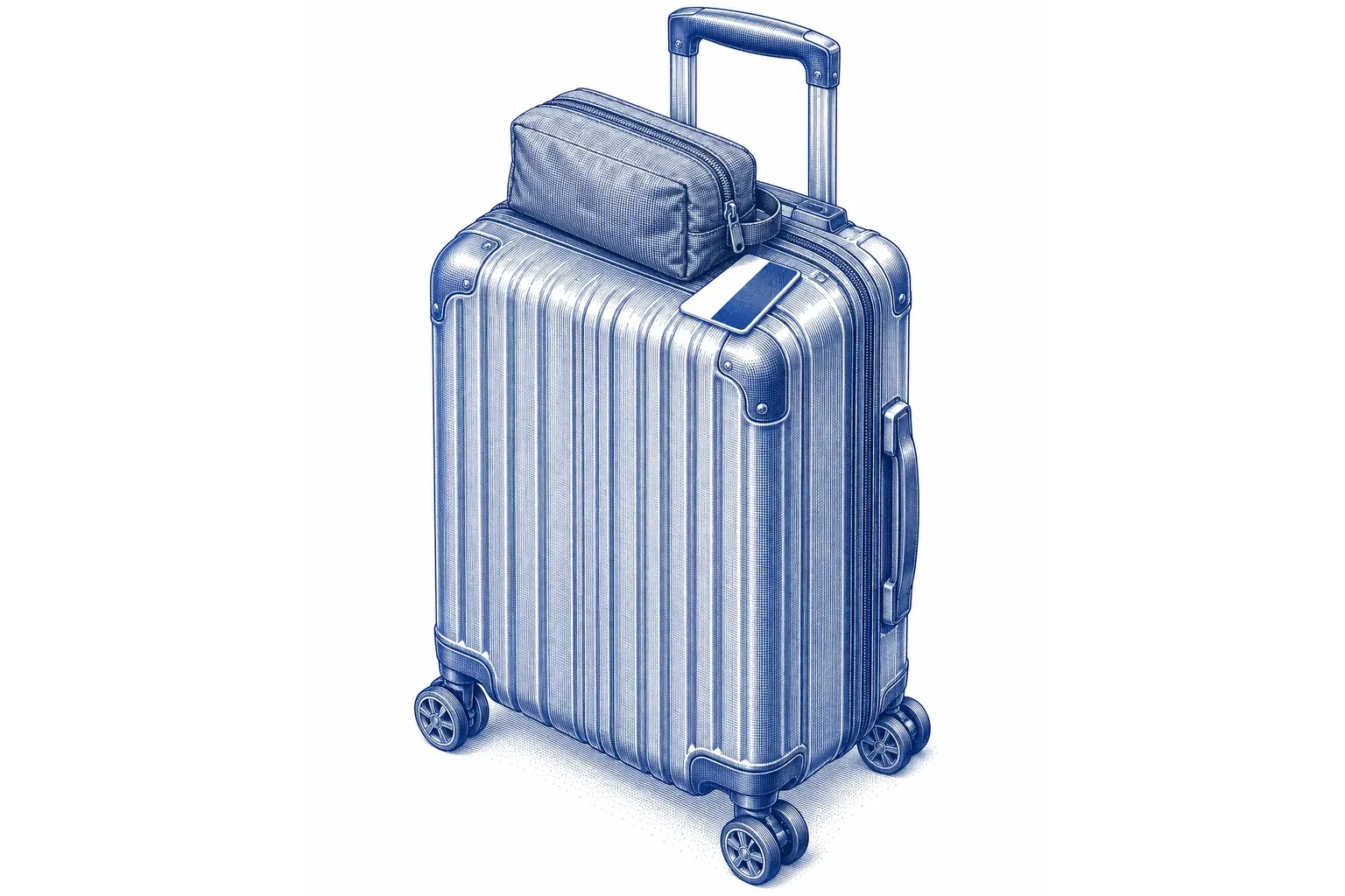 Engraving of a rolling suitcase with a hotel key card and a travel pouch resting on it
