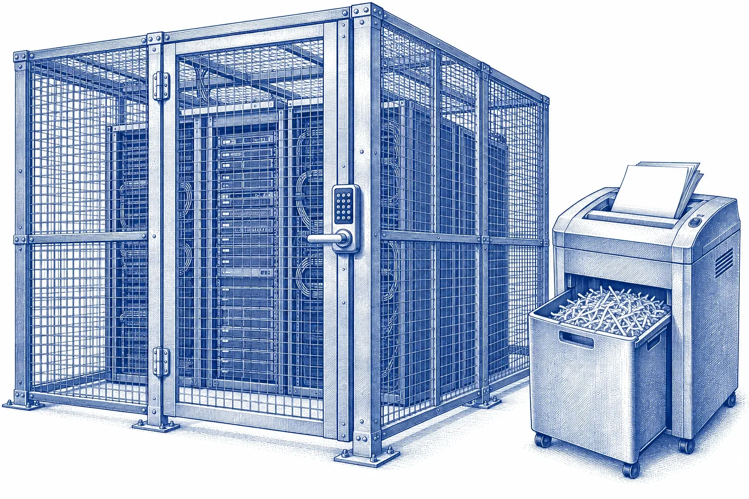 Engraving of a locked server cage with a keypad lock and a document shredder beside it