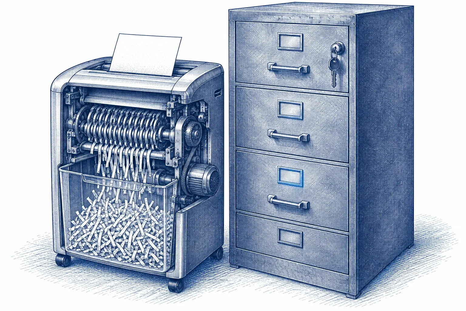 Engraving of a document shredder beside a locked steel filing cabinet