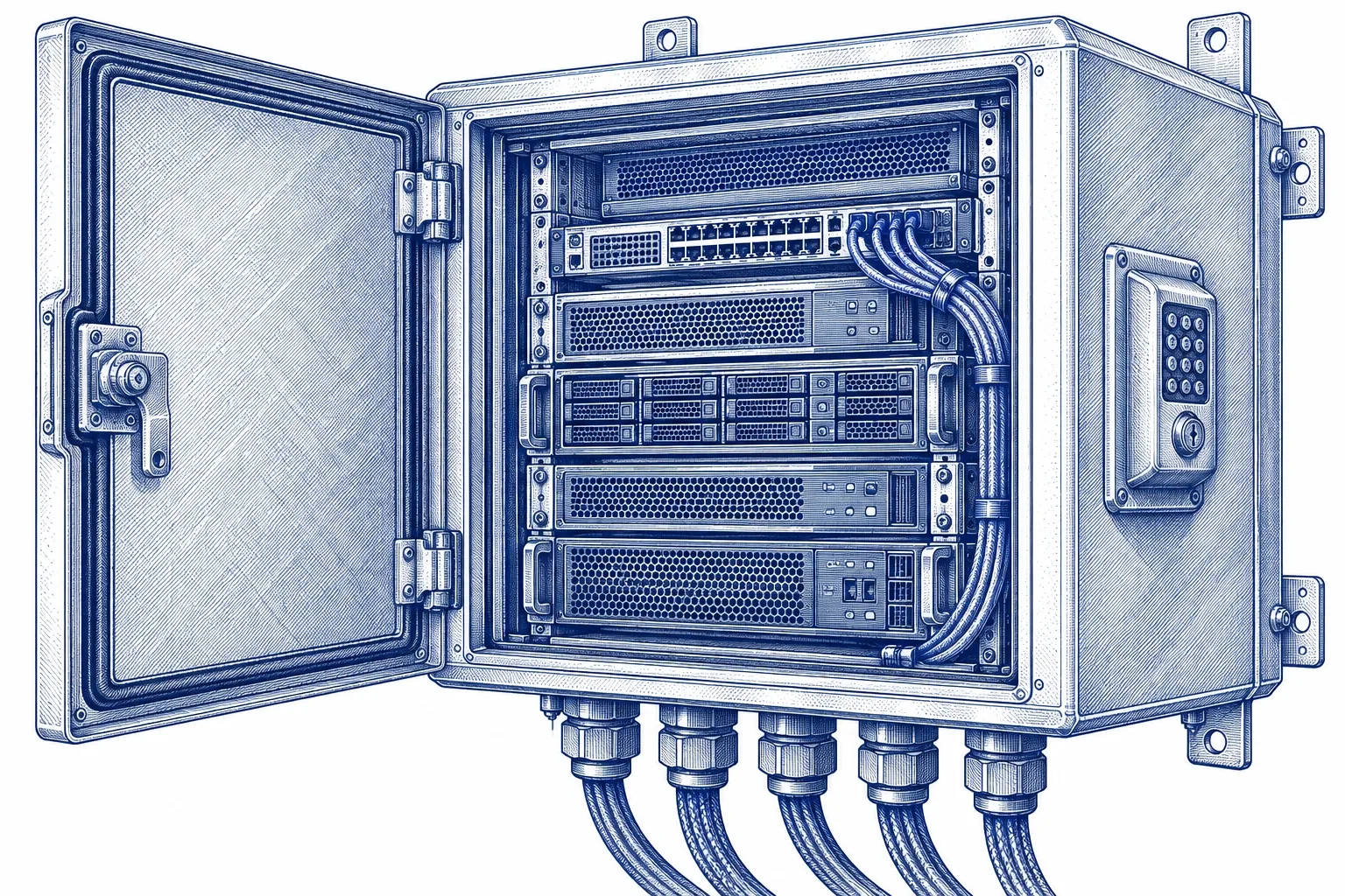 Engraving of a web server in a locked enclosure with a keypad and cable glands