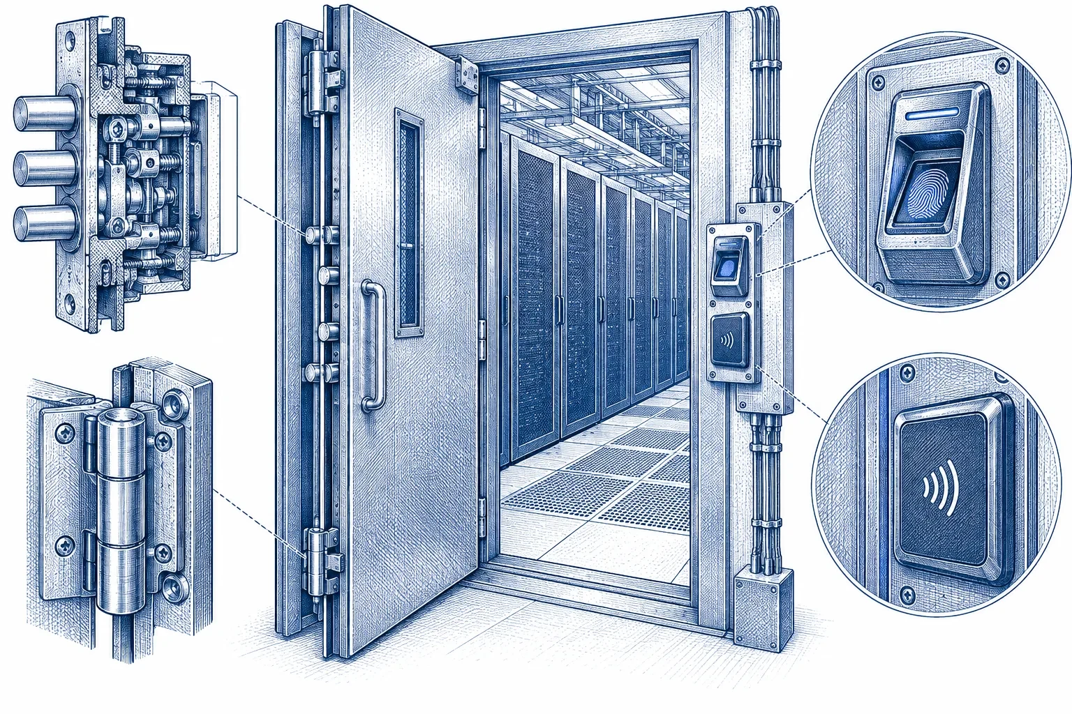 Engraving of a secure data centre door with a biometric scanner and a card reader