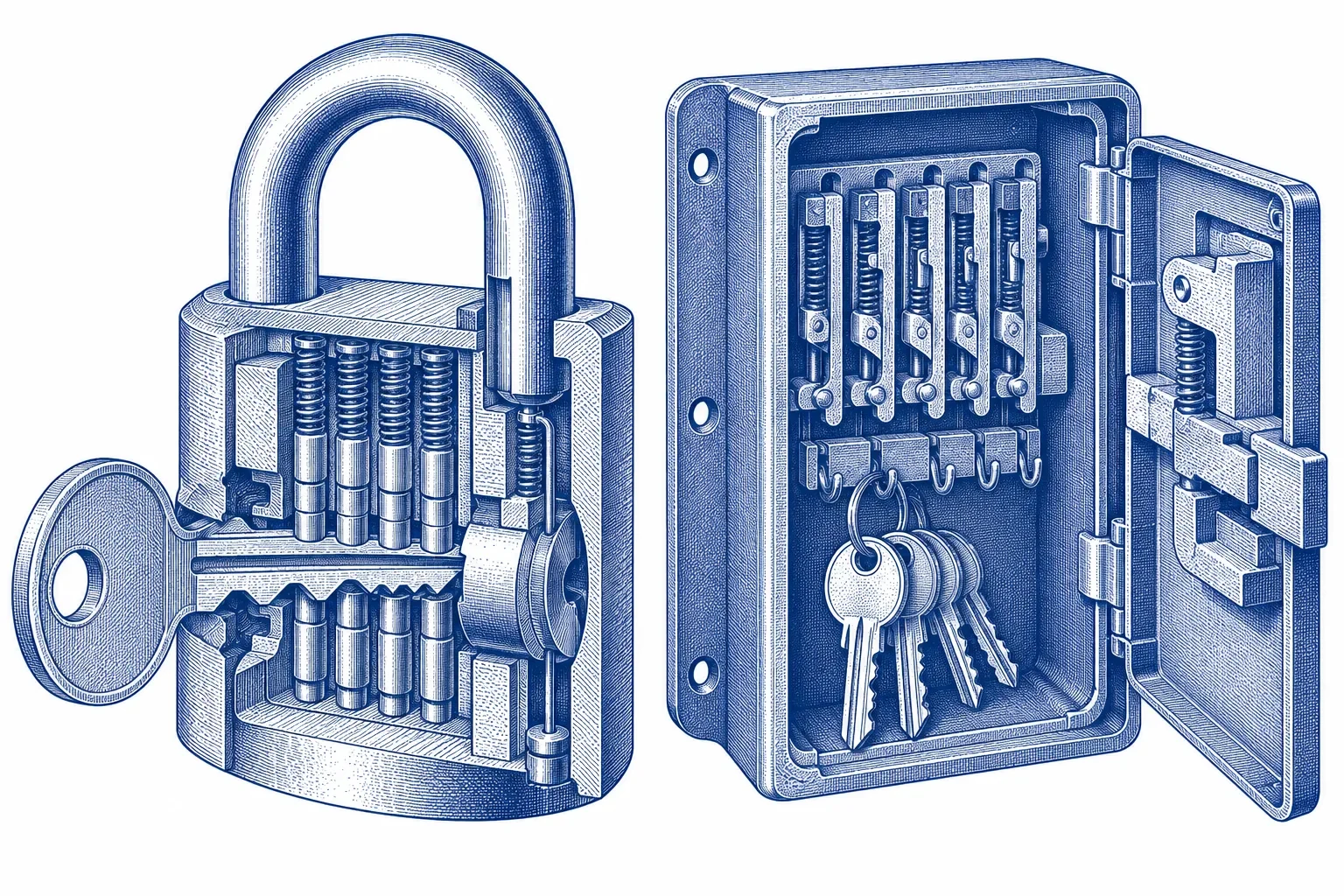 Cutaway engraving of a padlock beside a key safe
