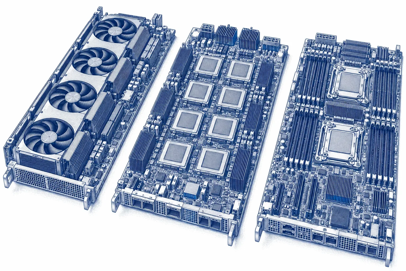 Engraving of three different AI server boards laid side by side like specimens on a plate: a GPU tray, a custom accelerator board and a CPU server board