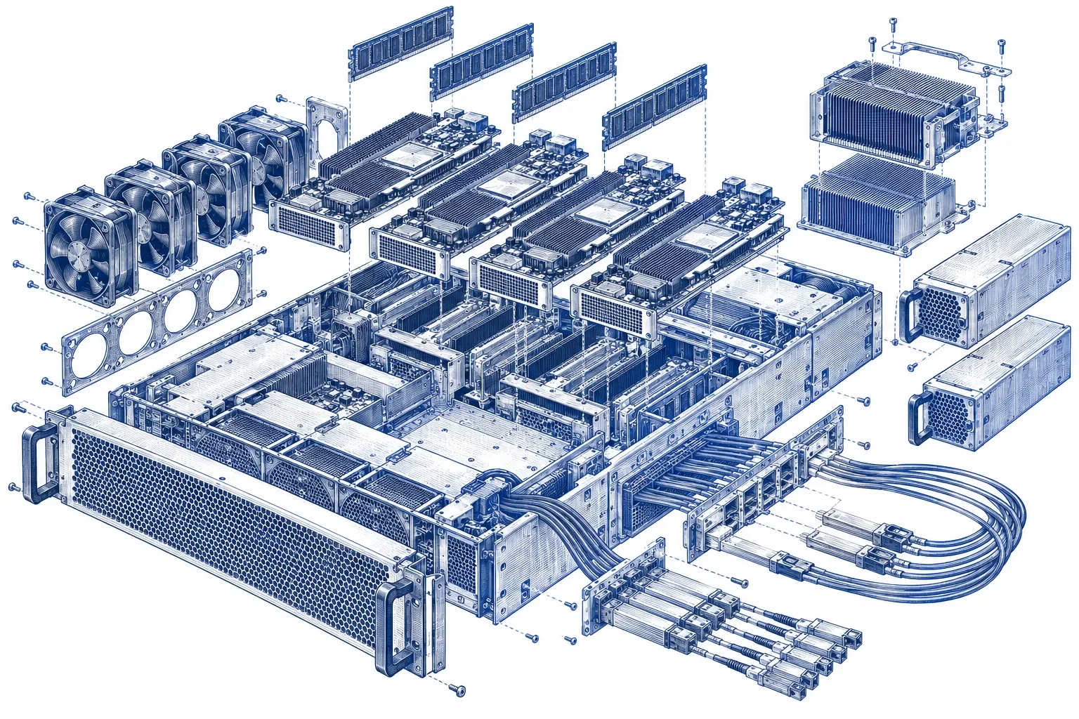 Exploded engraving of an AI server showing accelerator boards, memory modules and optical fibres