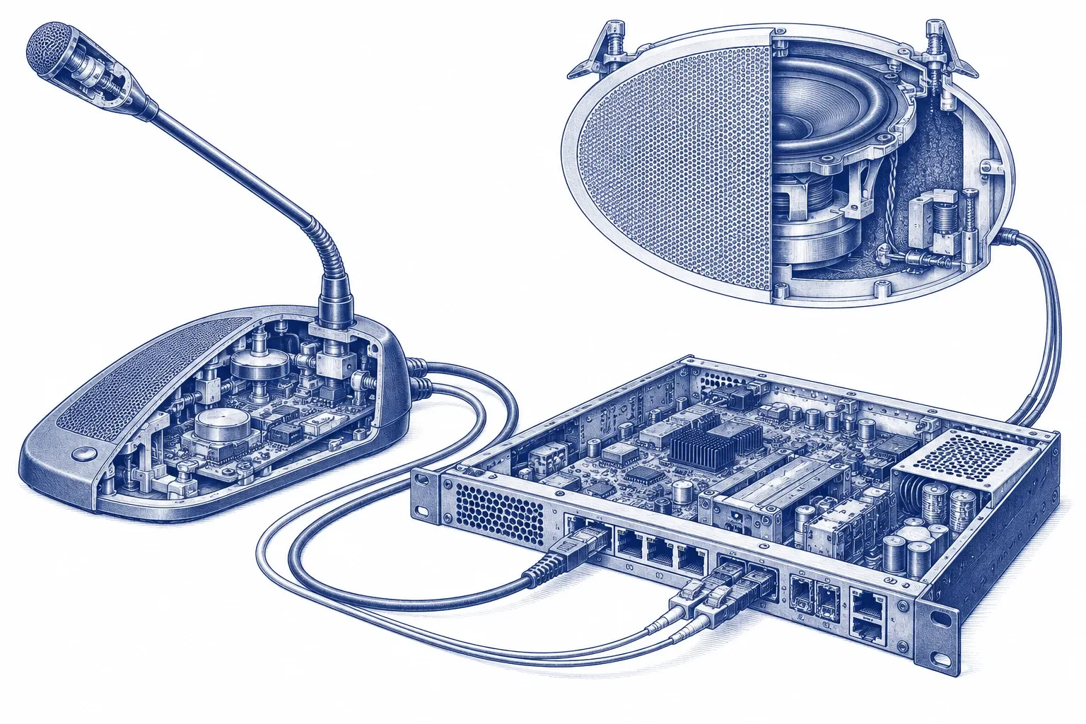 Cutaway engraving of a conference microphone and loudspeaker connected to an audio and network appliance