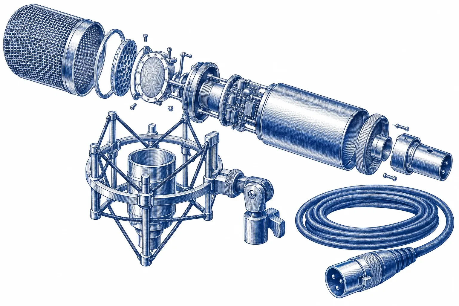 Exploded engraving of a condenser microphone showing its capsule, diaphragm and shock mount
