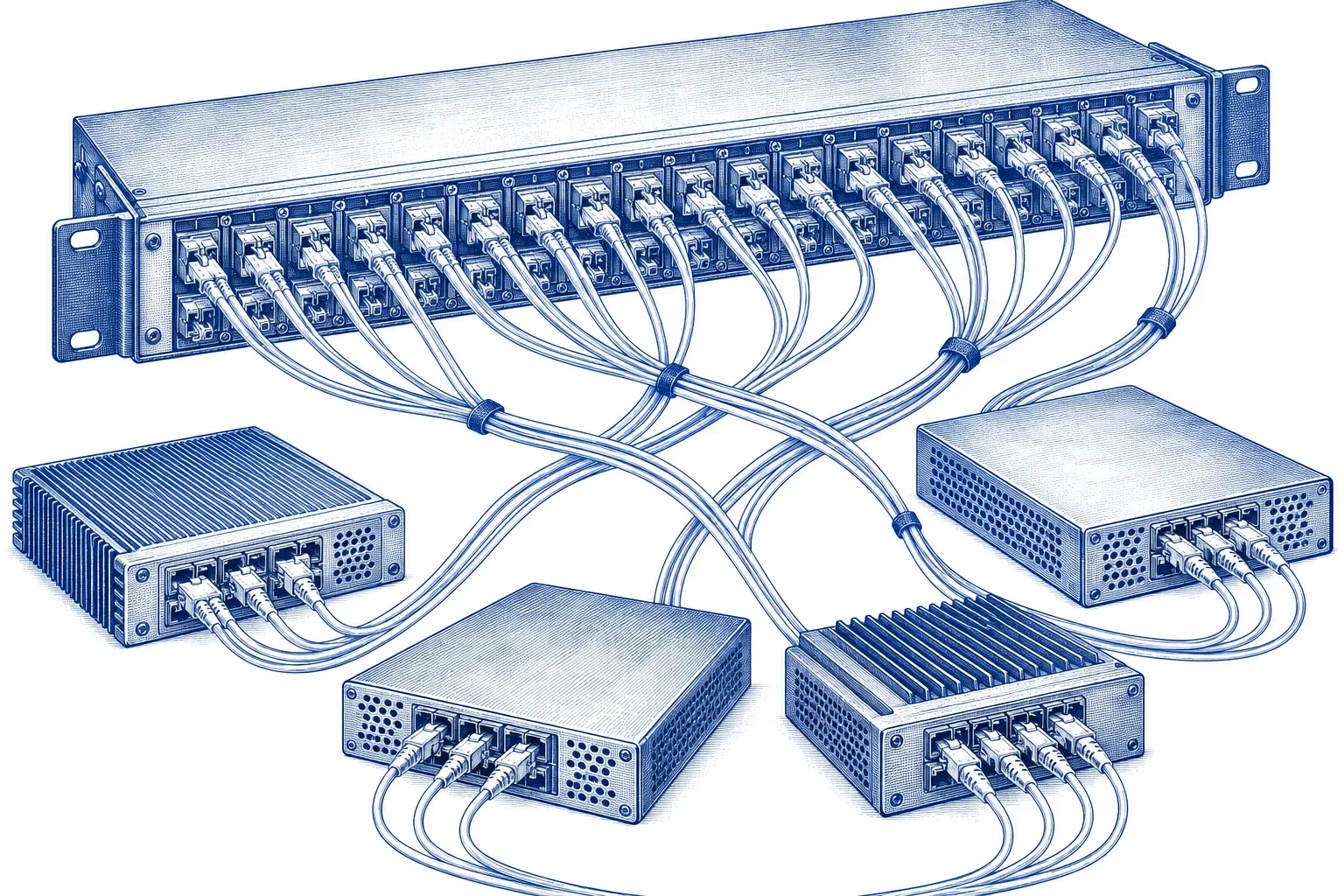 Engraving of a fibre-optic patch panel with crossing cables leading to several separate gateway appliances