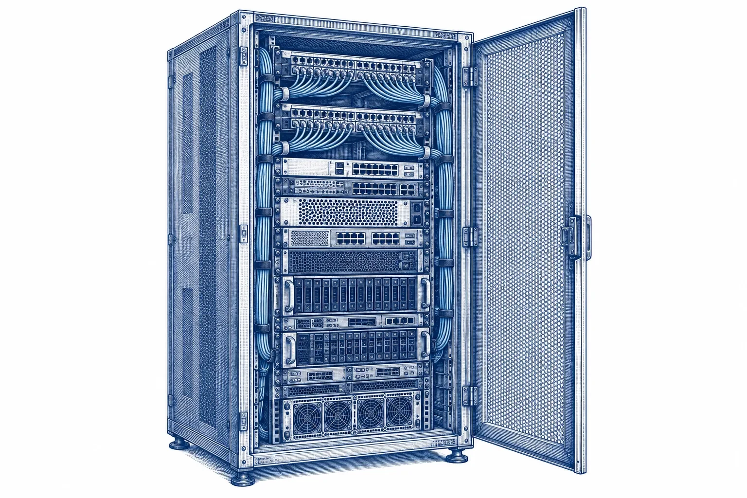 Engraving of an open server rack door revealing mixed hardware from different makers, patch panels and neatly bundled cables