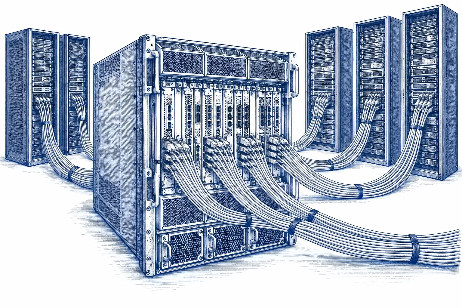 Engraving of a core network router chassis with line cards, with fibre cables fanning out from it to several server racks