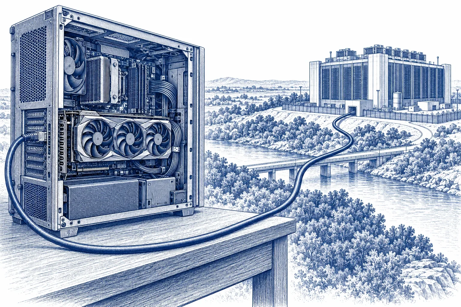 Engraving of an open workstation tower connected to a distant data centre