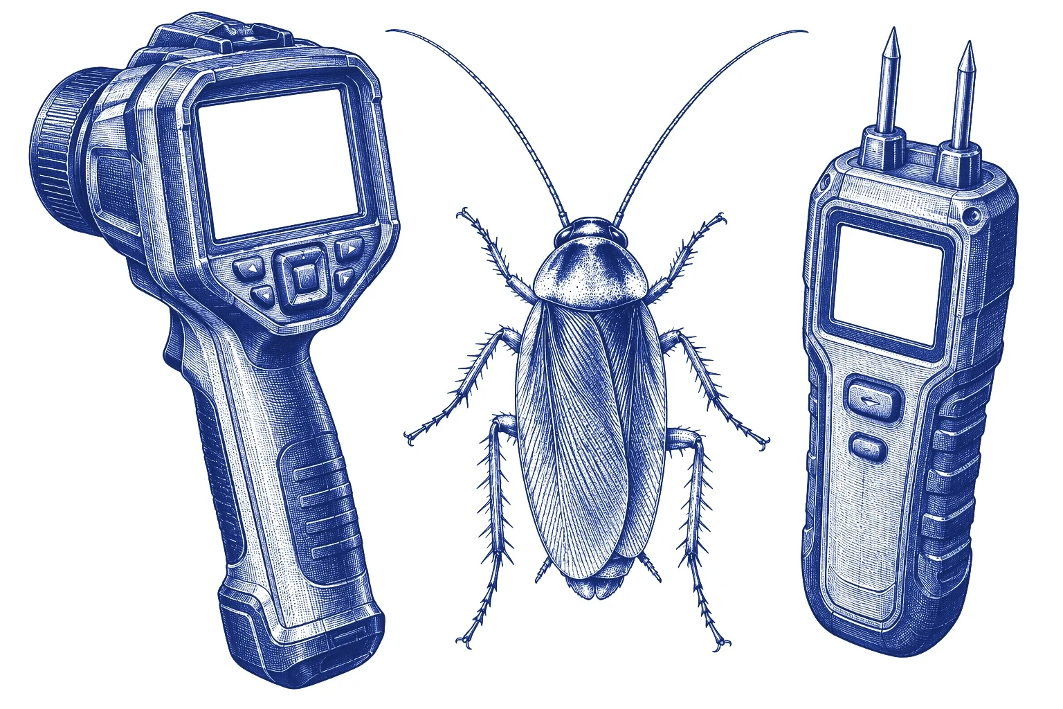 Engraving of a thermal camera and a moisture meter either side of a cockroach