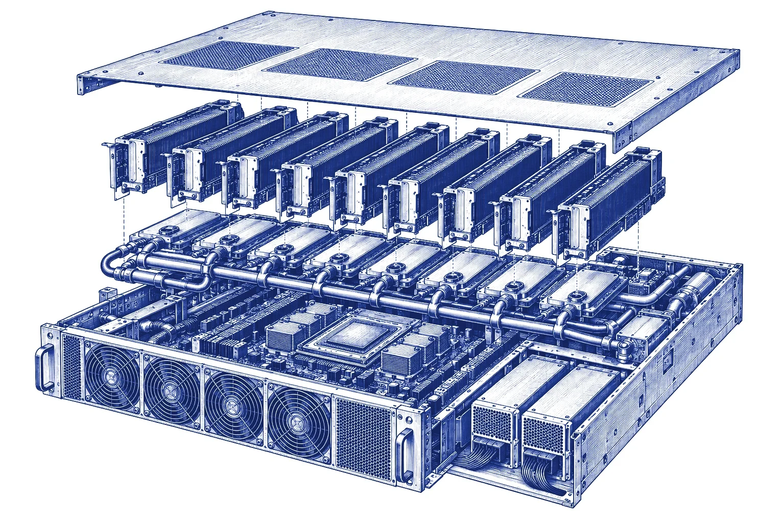 Exploded engraving of an AI server showing its accelerator boards, heat sinks and cooling