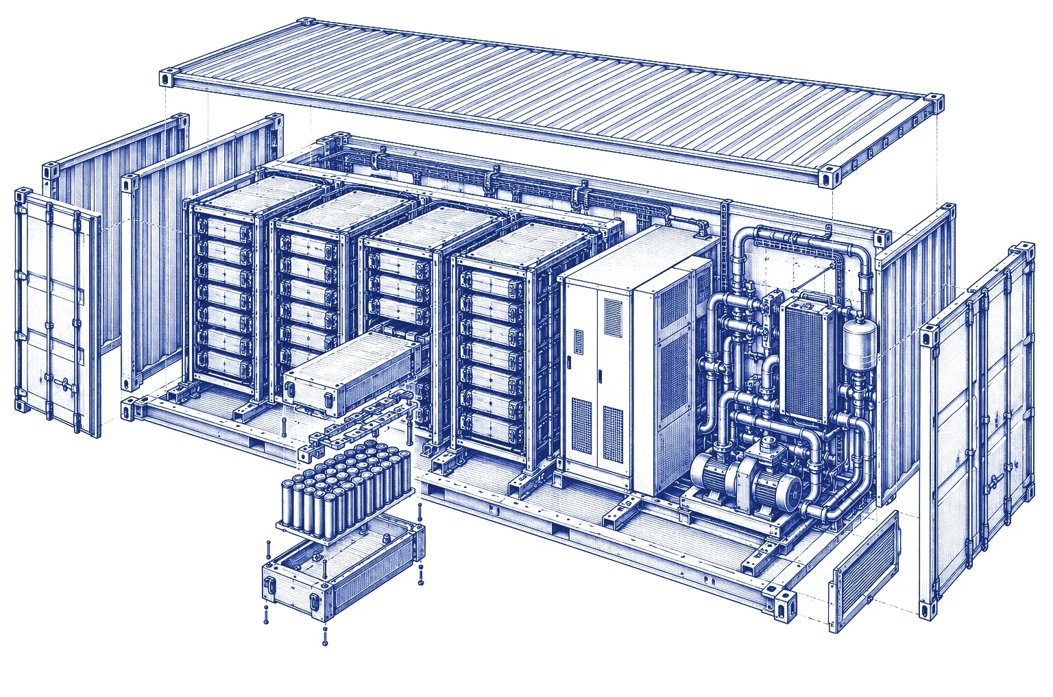 Exploded engraving of a grid battery container showing its battery racks, inverter and cooling system
