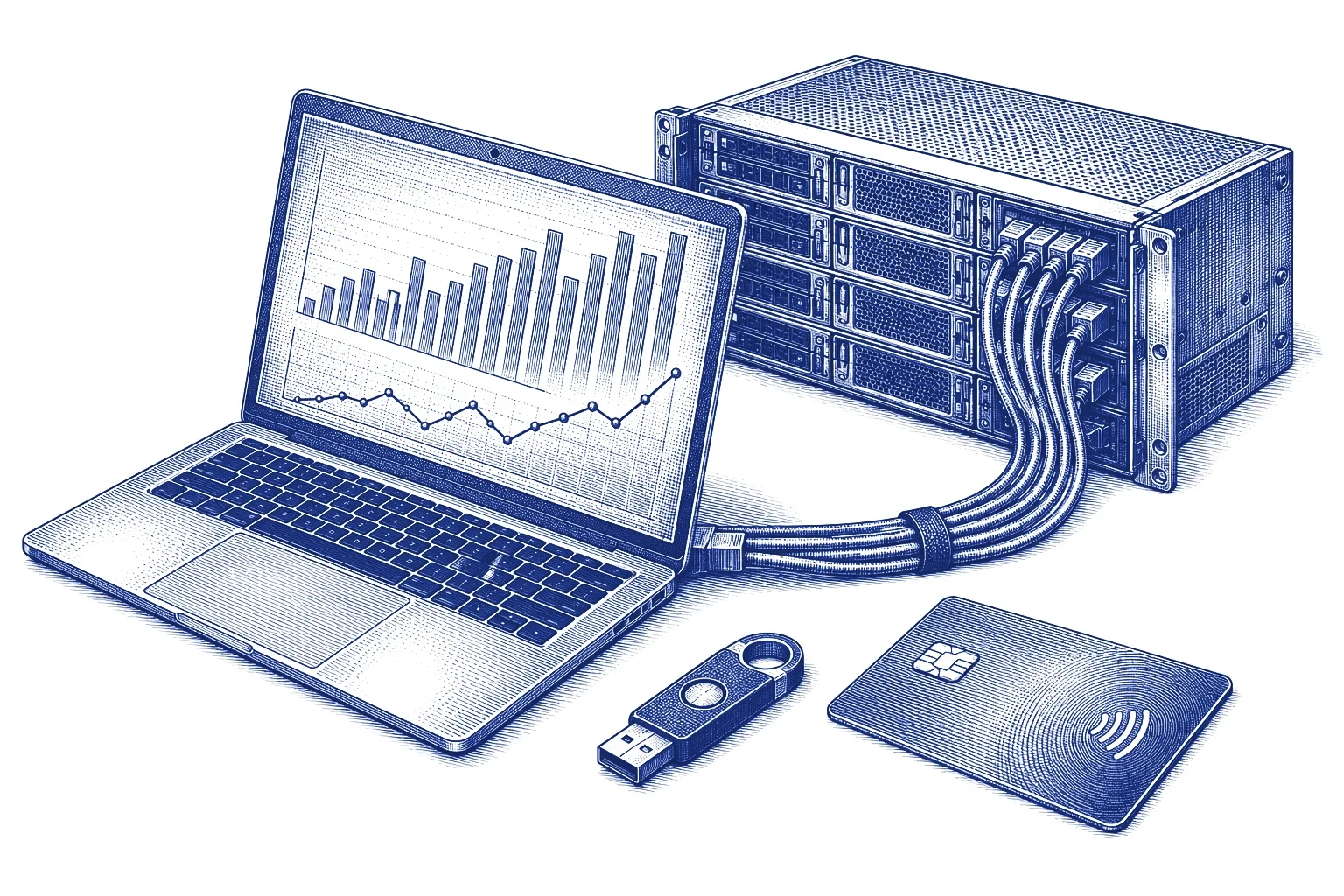 Engraving of a laptop cabled to a rack server, with a security key and a payment card