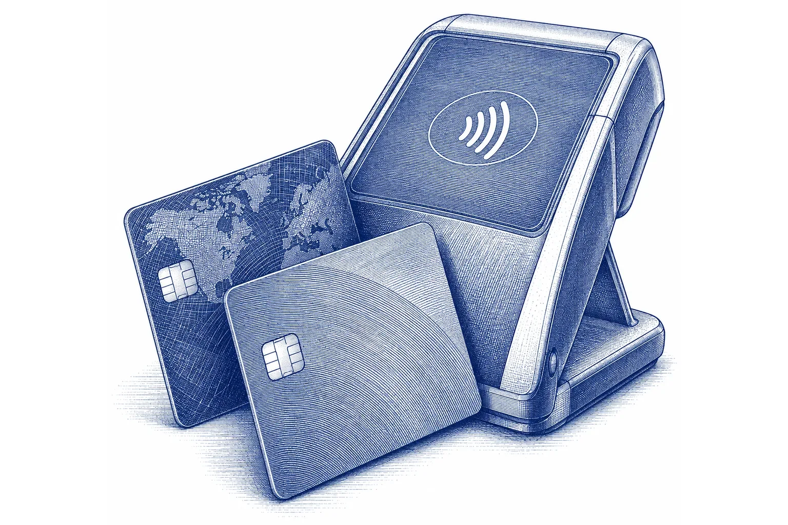 Engraving of two payment cards leaning against a contactless card reader
