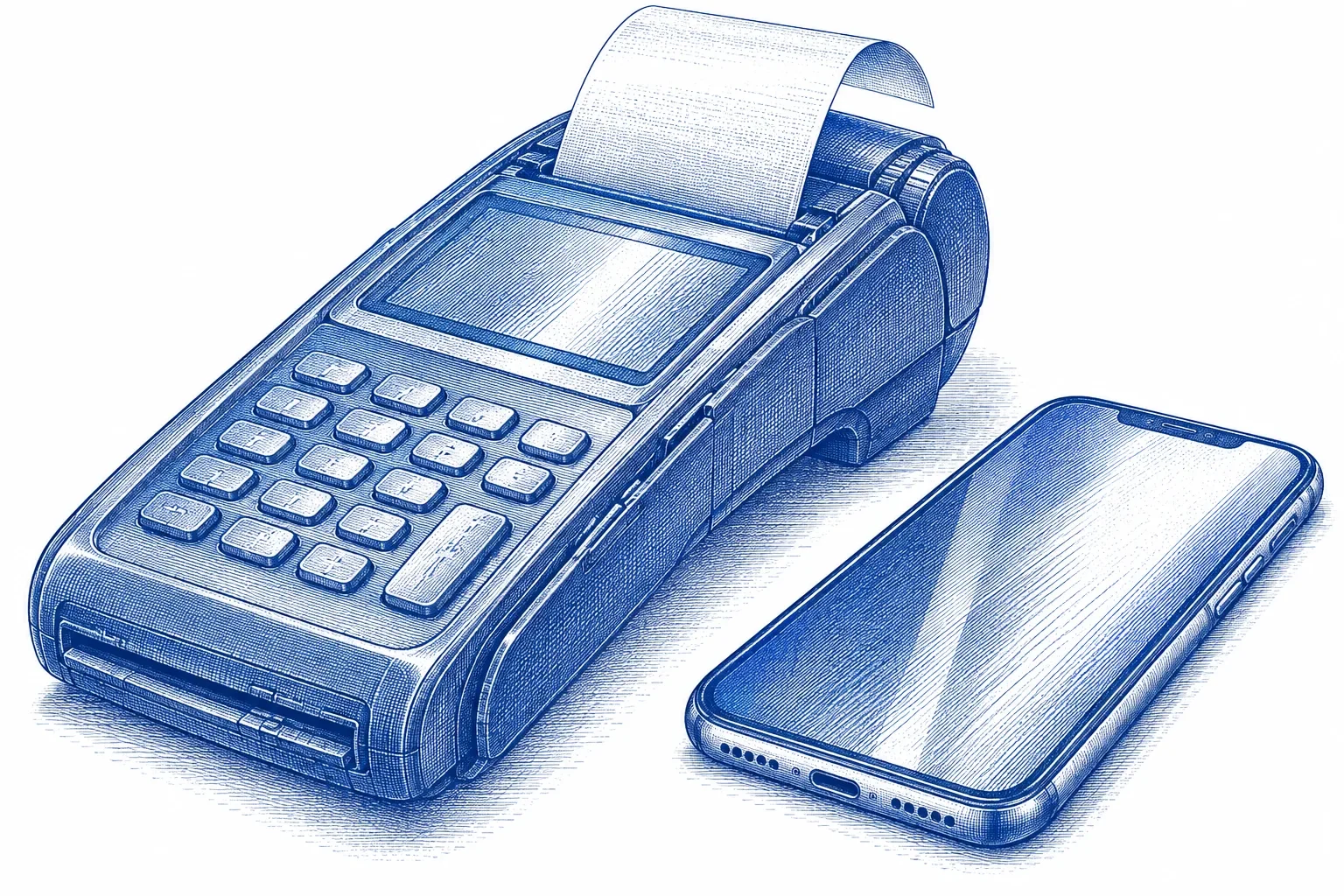 Engraving of a point-of-sale terminal printing a receipt beside a smartphone