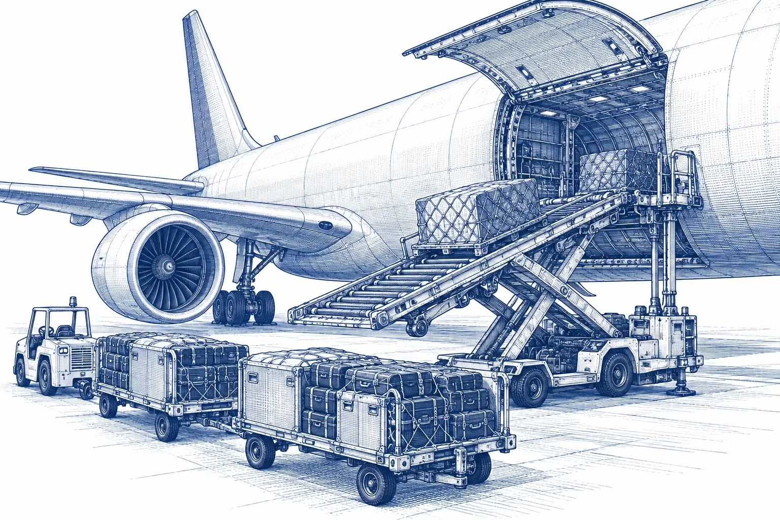 Engraving of a cargo loading ramp leading into an aircraft hold