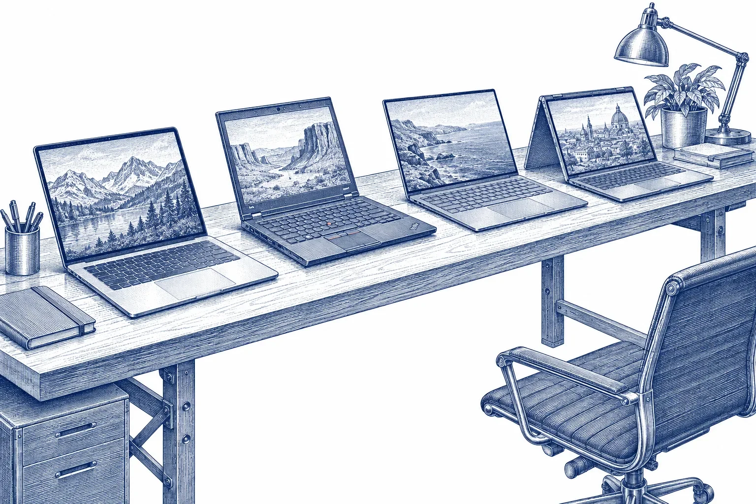 Engraving of several office laptops of different designs arranged in a row along a long desk