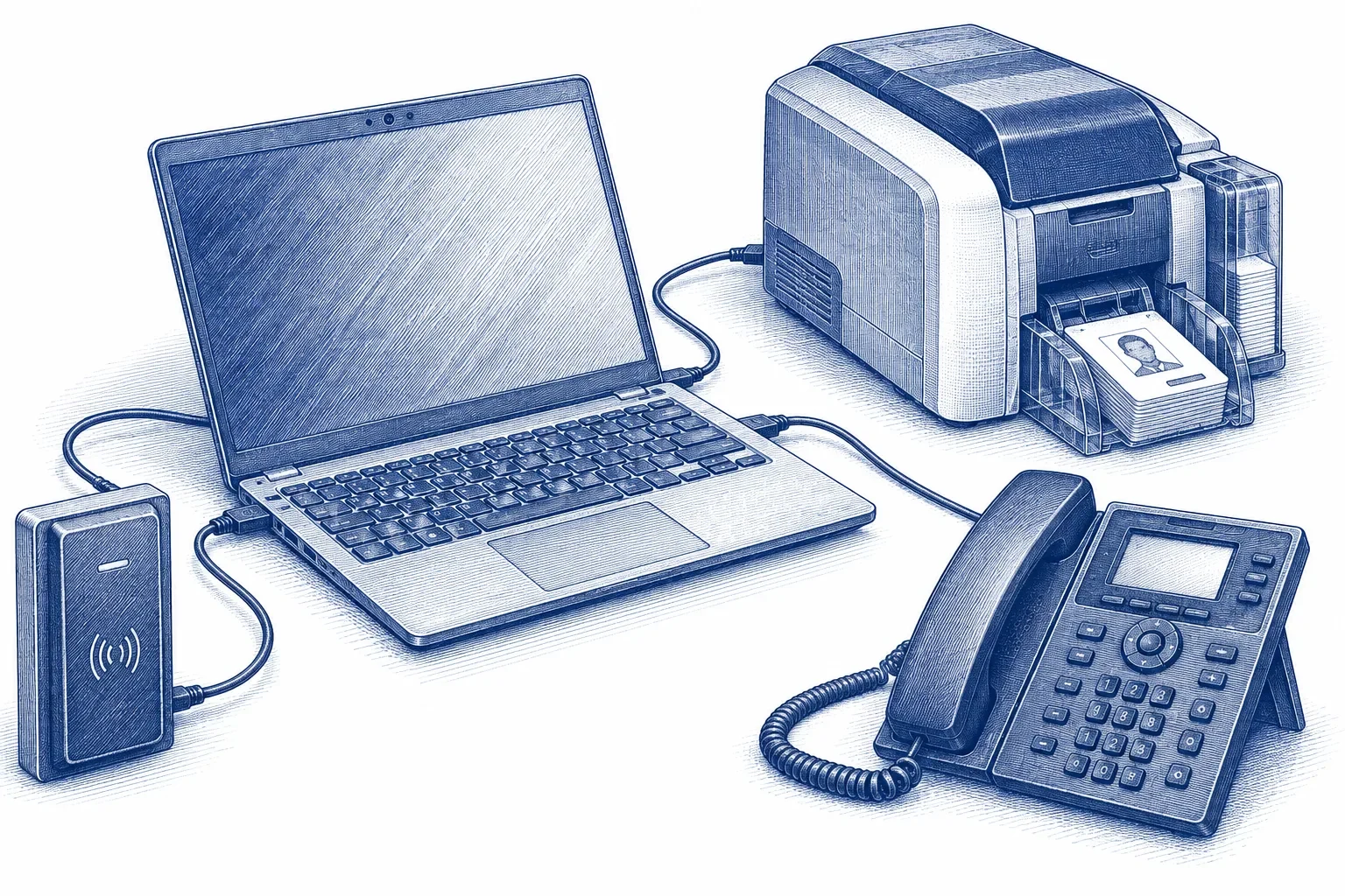Engraving of a laptop connected to an ID badge printer, a card access reader and a company phone