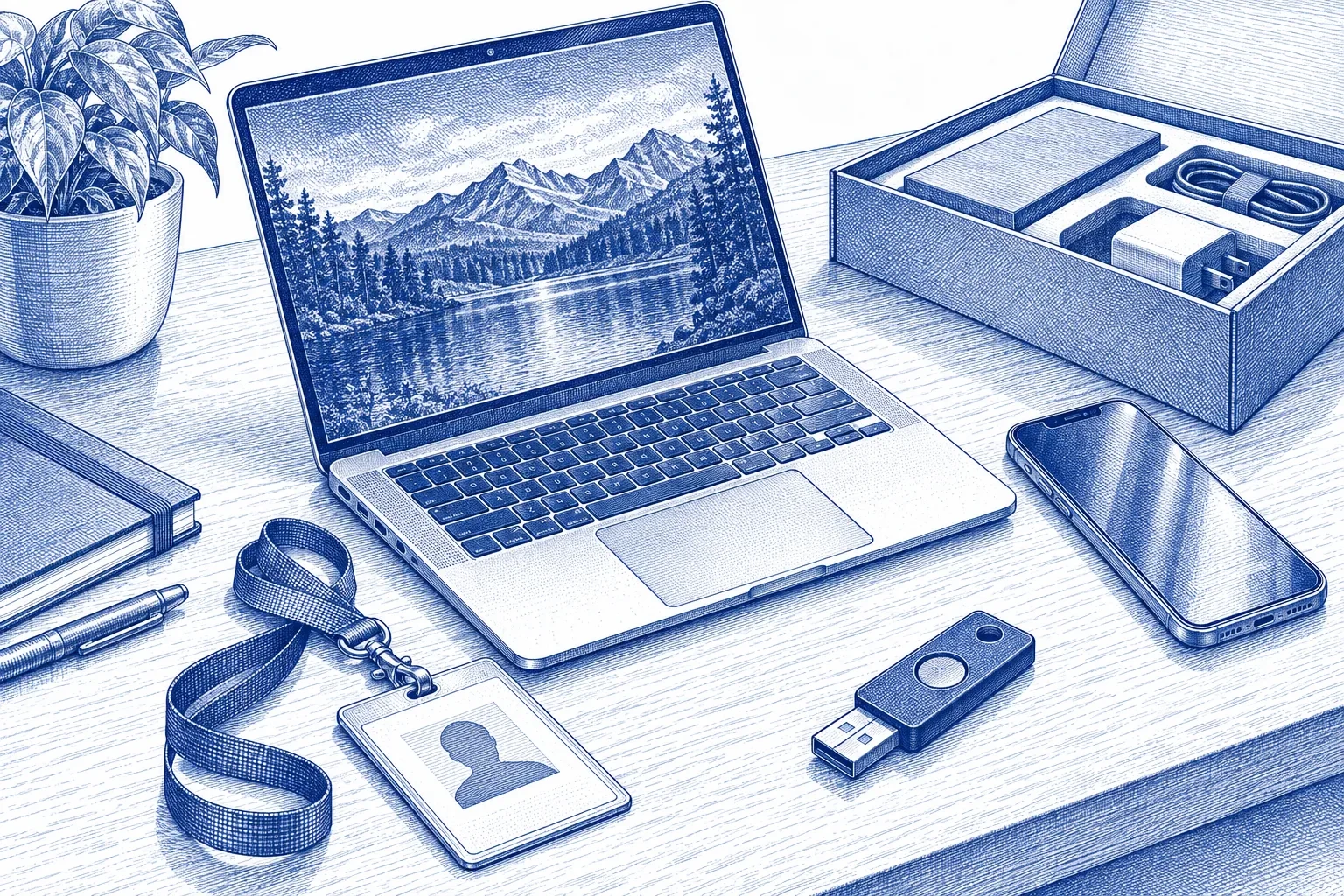 Engraving of an employee onboarding kit laid out on a desk: a laptop, a hardware security key, an ID badge and a phone