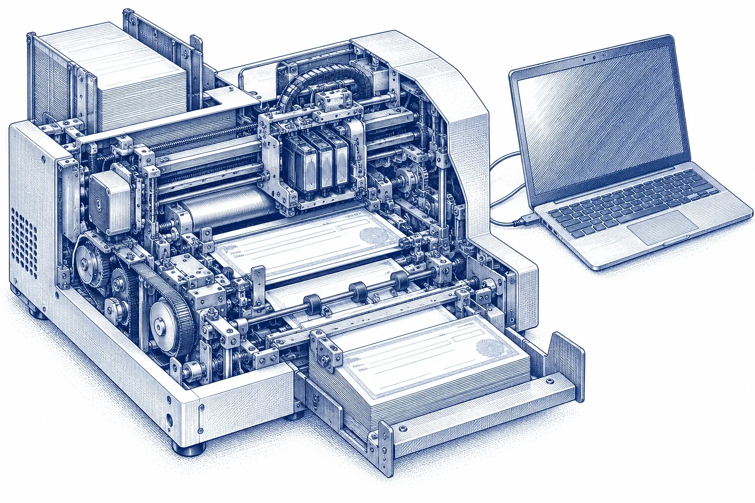 Cutaway engraving of a cheque-printing machine beside a laptop