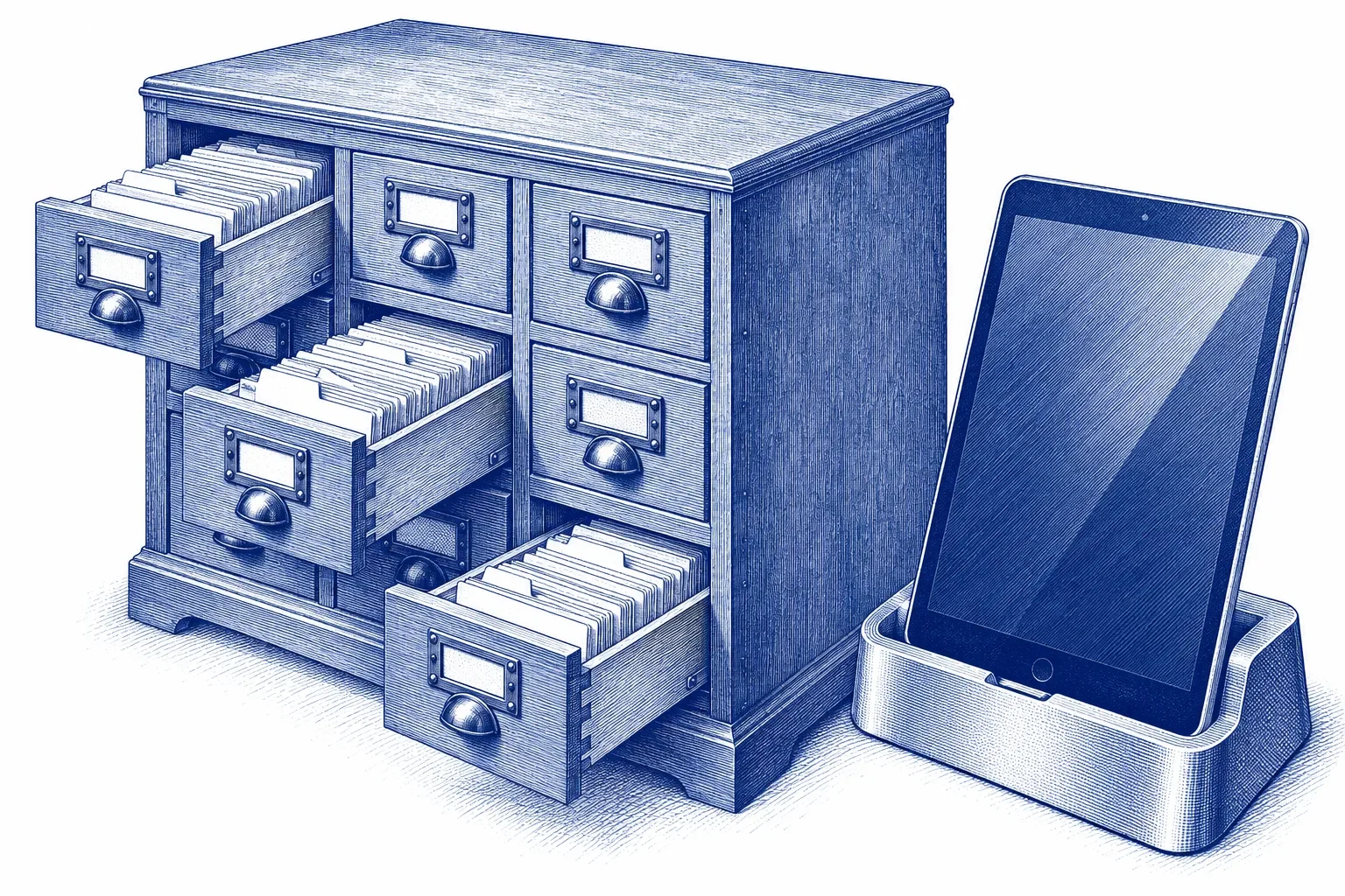 Engraving of an open card index cabinet beside a tablet in its dock